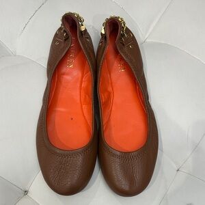 Brown Leather Ralph Lauren Ballet Flats with Gold Chain Detail